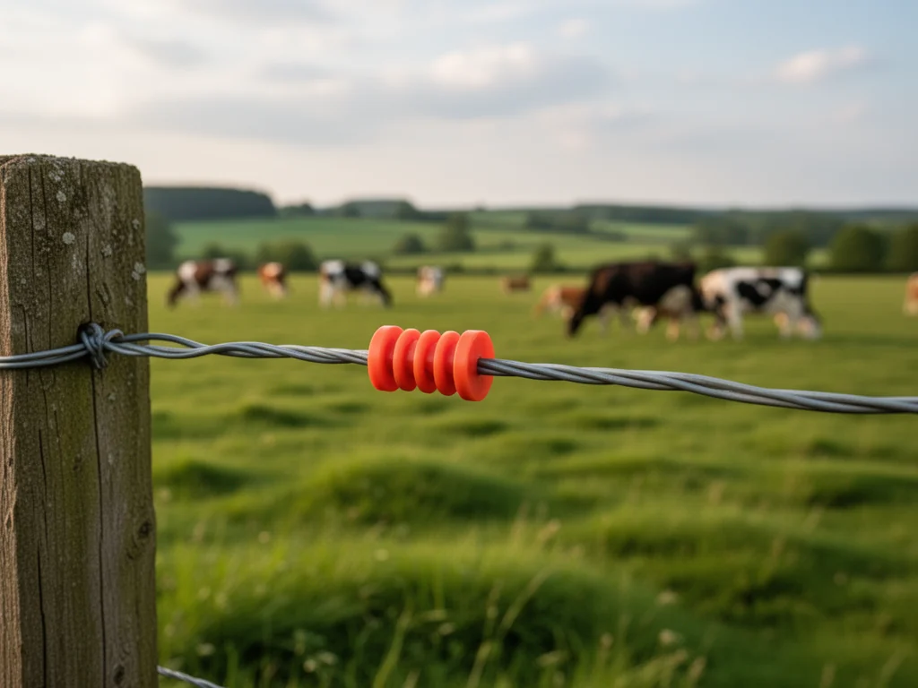 Drut pastucha elektrycznego na drewnianym słupku, w tle spokojnie pasące się krowy na zielonej łące pod lekkim zachmurzeniem