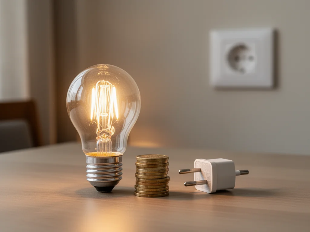 Żarówka 60W obok eurocentów i wtyczki, ilustrująca zużycie prądu i koszt energii w domu.