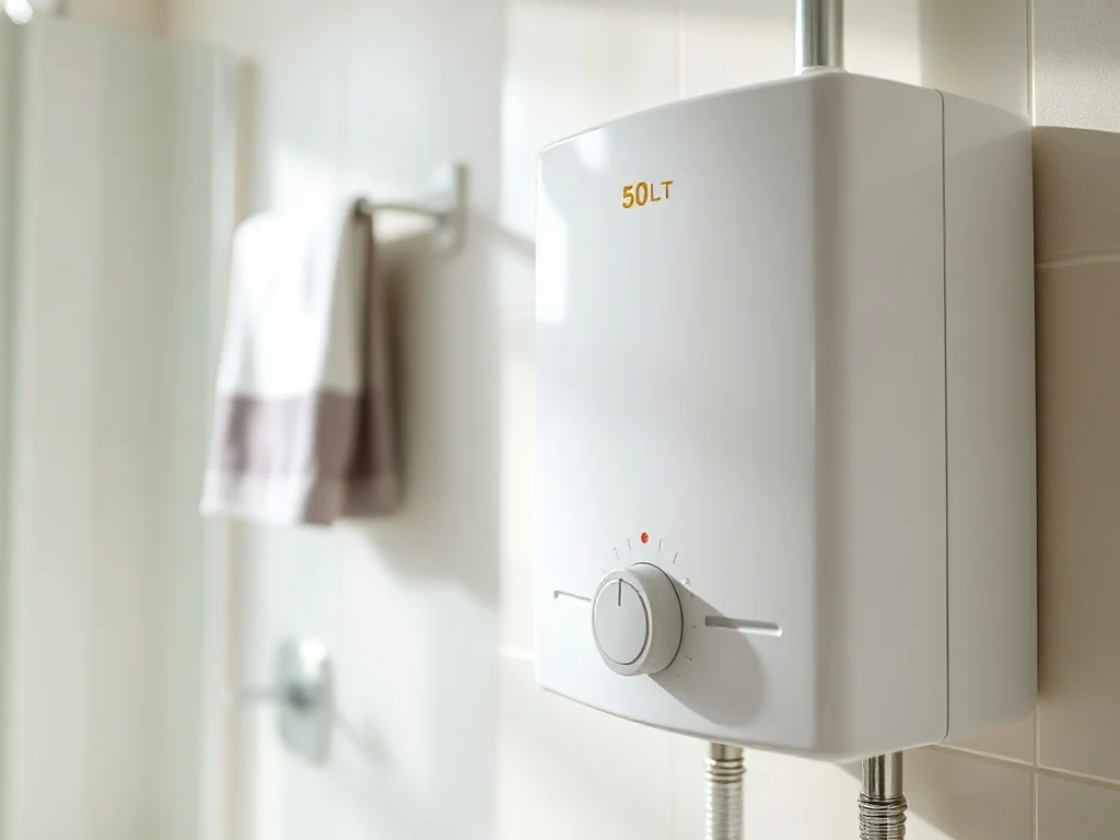 Bojler elektryczny 50l na jasnej ścianie łazienki, podkreślający wielkość i prostą regulację zużycia prądu