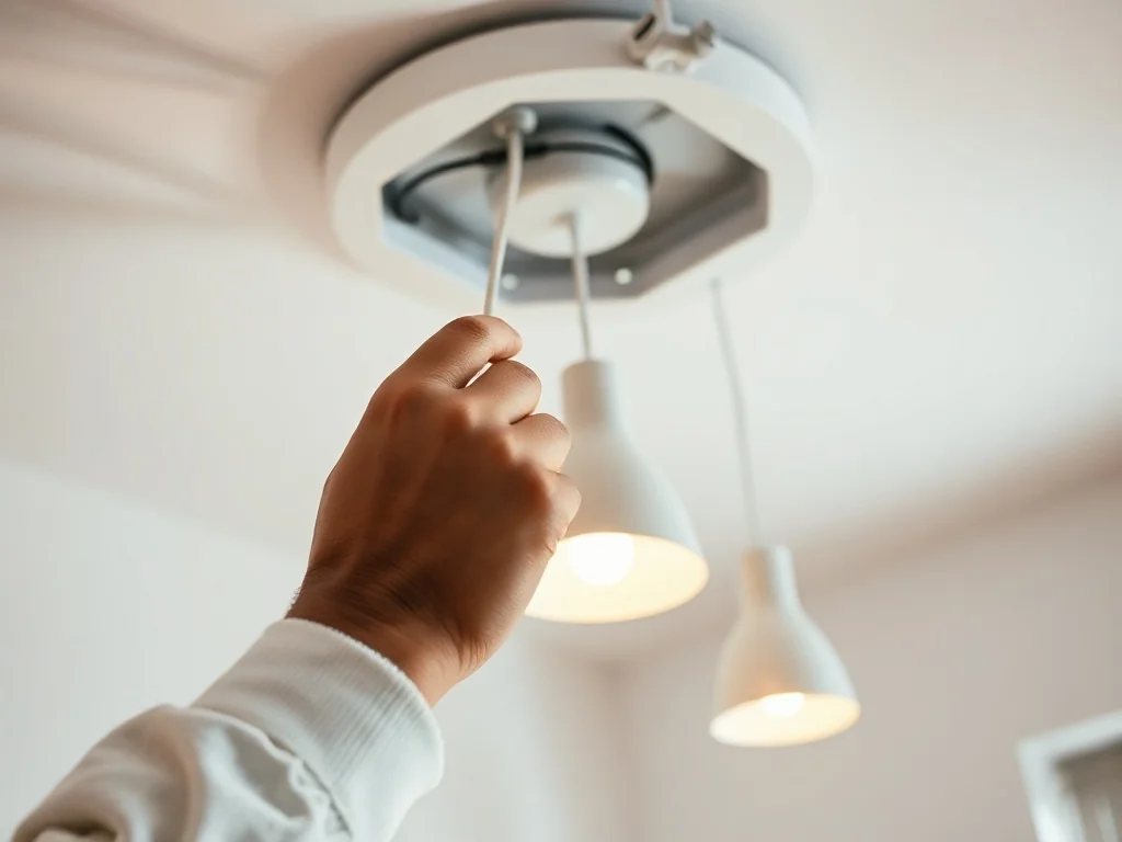 Elektryk łączy przewody dwóch lamp sufitowych w puszce, pokazując podłączenie dwóch lamp do jednego włącznika.