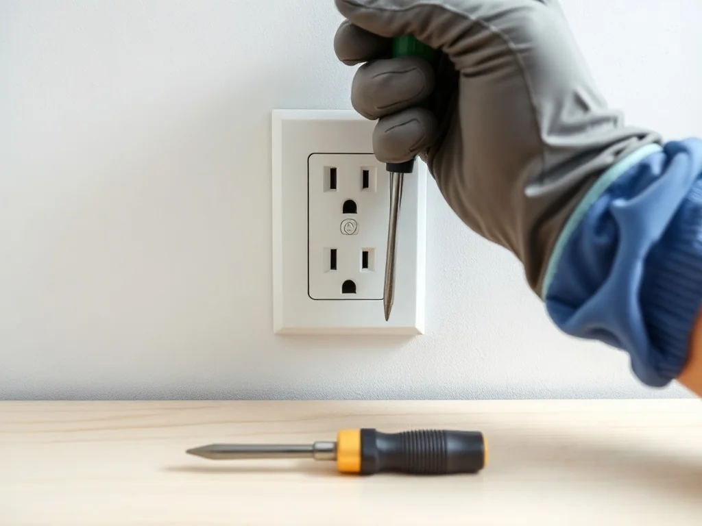 Elektryk w rękawicach podłącza białe gniazdko bez uziemienia, na blacie obok leżą proste narzędzia.