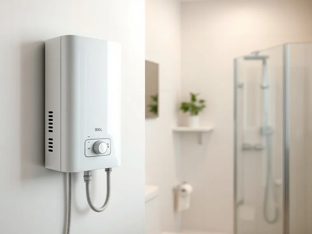 Nowoczesny bojler elektryczny 80l zamontowany w jasnej łazience, podkreślający domowe zużycie prądu na podgrzewanie wody.