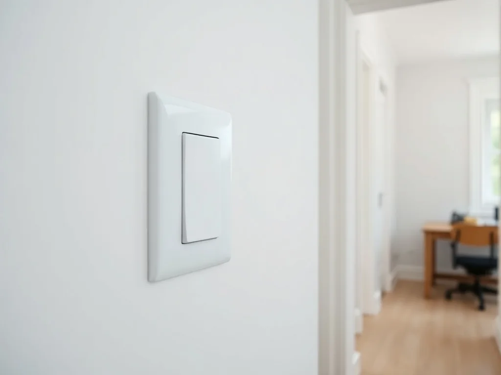 Nowoczesny biały włącznik światła z gniazdkiem w jasnej ścianie, pokazujący prawidłowe rozmieszczenie osprzętu elektrycznego.