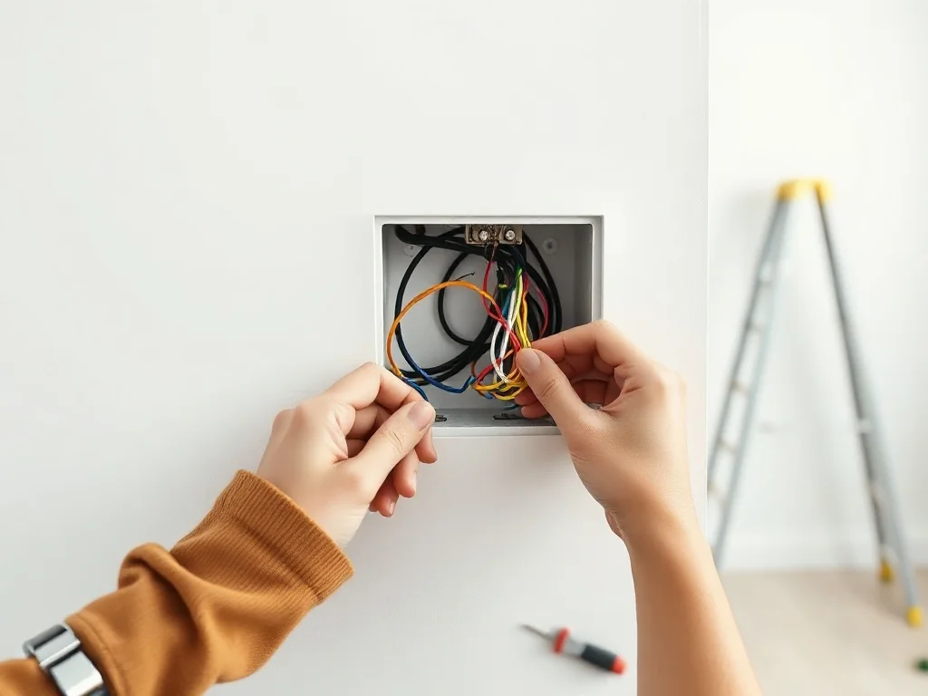 Osoba przedłuża przewód elektryczny w ścianie, łączy kolorowe kable w puszce przy pomocy złączek i taśmy izolacyjnej