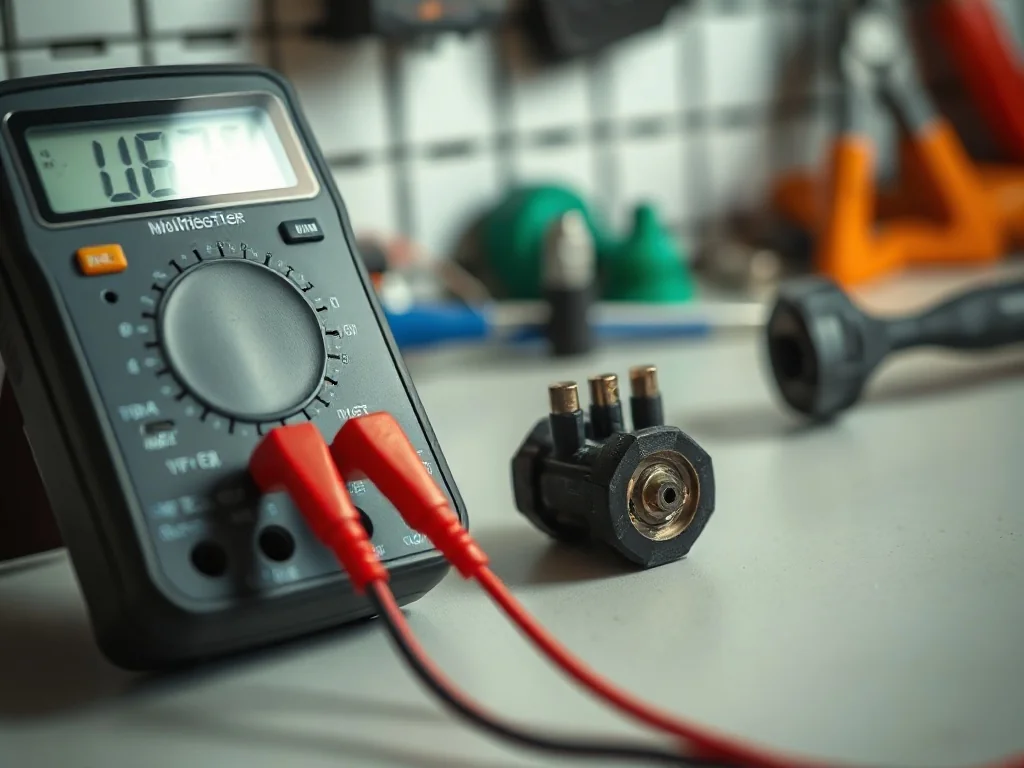 Miernik cyfrowy z sondami mierzącymi uzwojenia małego silnika elektrycznego na uporządkowanym warsztatowym stole