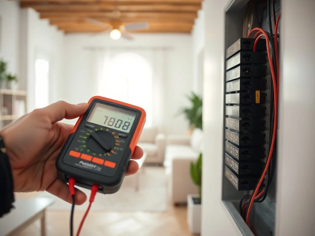 Elektryk mierzący parametry instalacji w nowoczesnej rozdzielnicy, podkreślenie bezpieczeństwa i jakości pomiarów w domu.