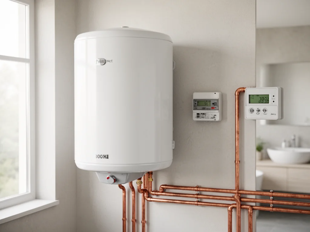 Nowoczesny bojler elektryczny 200 l z licznikiem prądu na jasnej ścianie, symbol zużycia energii w domu