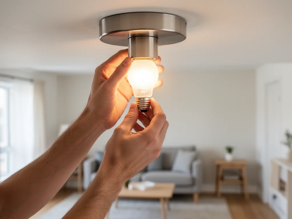 Dłonie wkręcające nową żarówkę w nowoczesną lampę sufitową w jasnym, minimalistycznym salonie