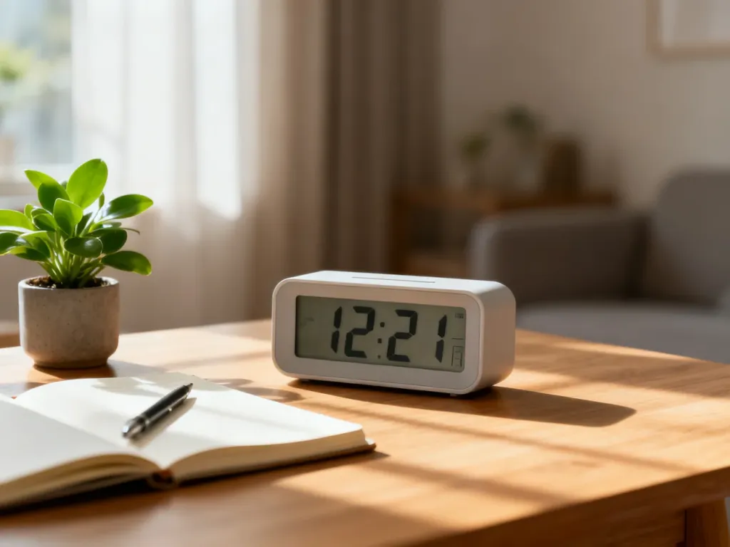 Minimalistyczny budzik wskazujący godzinę 12:21 na biurku, obok rośliny i notesu, w spokojnym, przytulnym wnętrzu.
