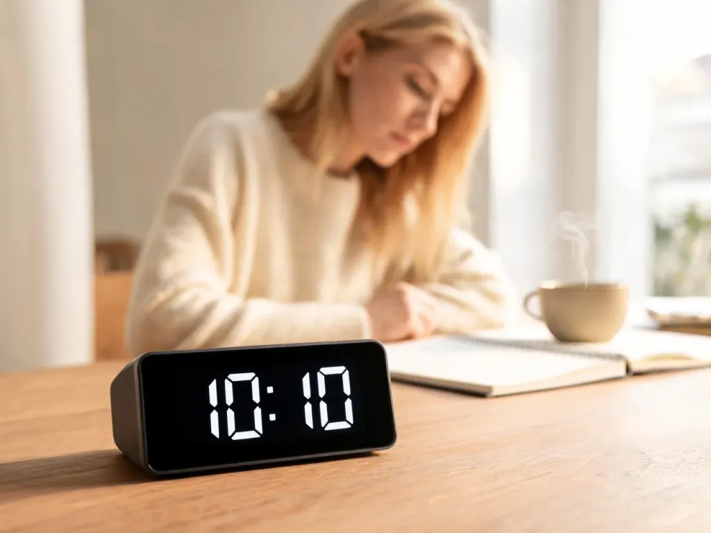 Cyfrowy zegar pokazujący 10:10 na biurku, obok kobieta przy notatniku, podkreślenie znaczenia godziny 10:10