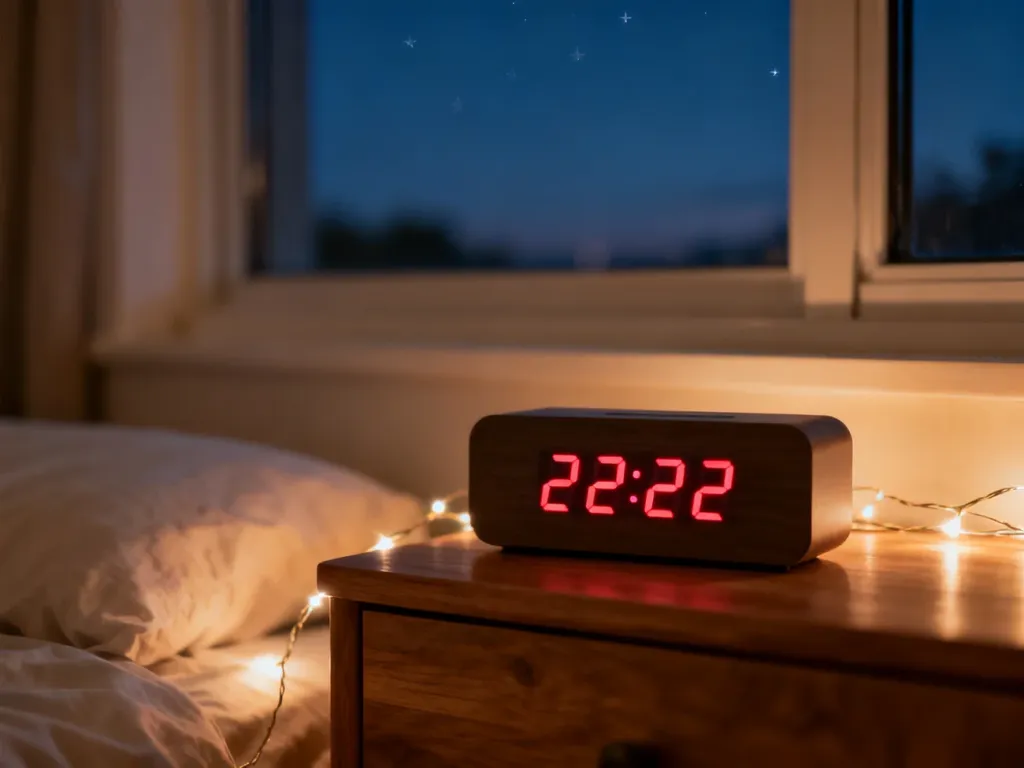 Zegar cyfrowy na stoliku nocnym pokazuje 22:22, w tle przytulna sypialnia i delikatne, uspokajające oświetlenie.