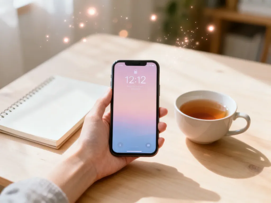 Telefon z godziną 12:12 na ekranie w przytulnym, ciepłym wnętrzu, z delikatnie magiczną, anielską atmosferą.
