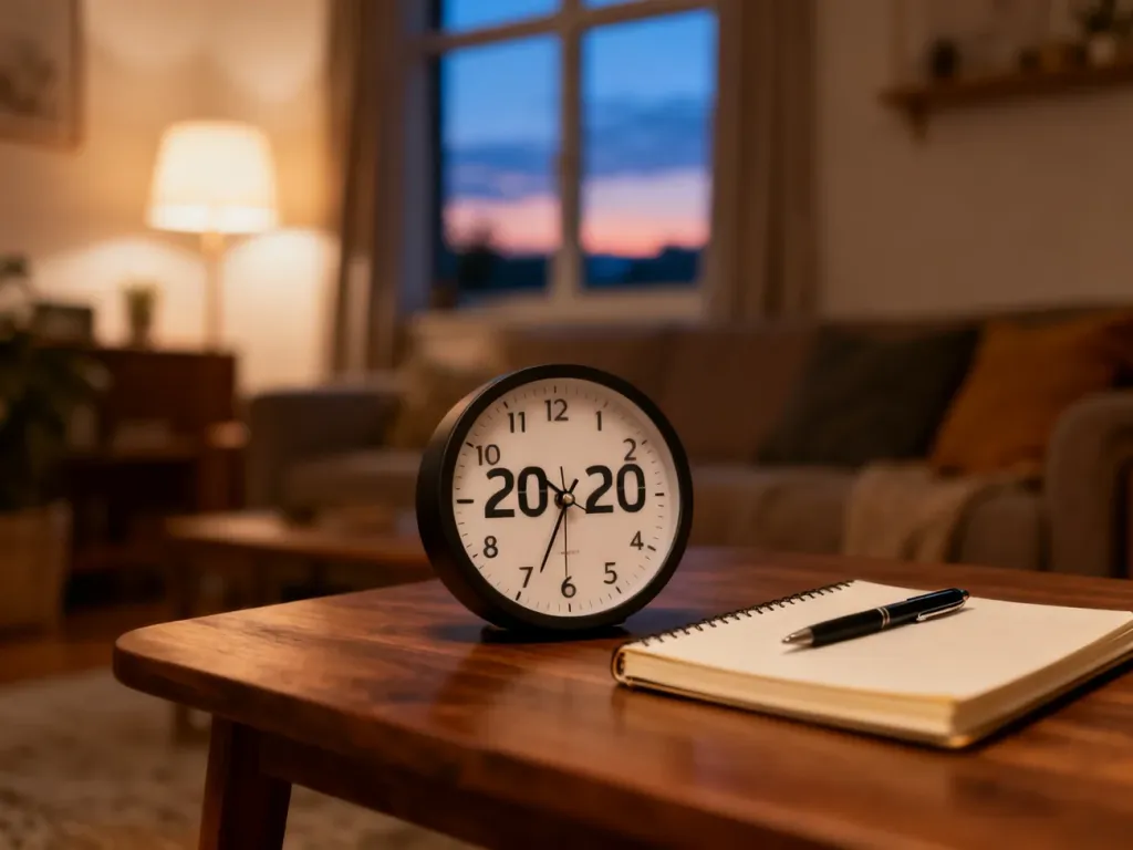 Zegar ścienny wskazujący godzinę 20:20 na biurku, obok notesu i długopisu, w nastrojowym, wieczornym wnętrzu.