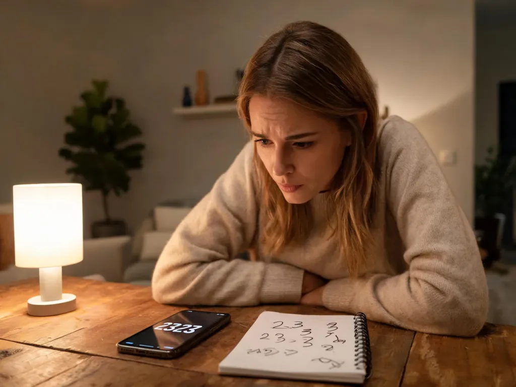 Kobieta wieczorem w przytulnym wnętrzu wpatruje się w świecącą liczbę 2323 na telefonie, notując symbole w notesie
