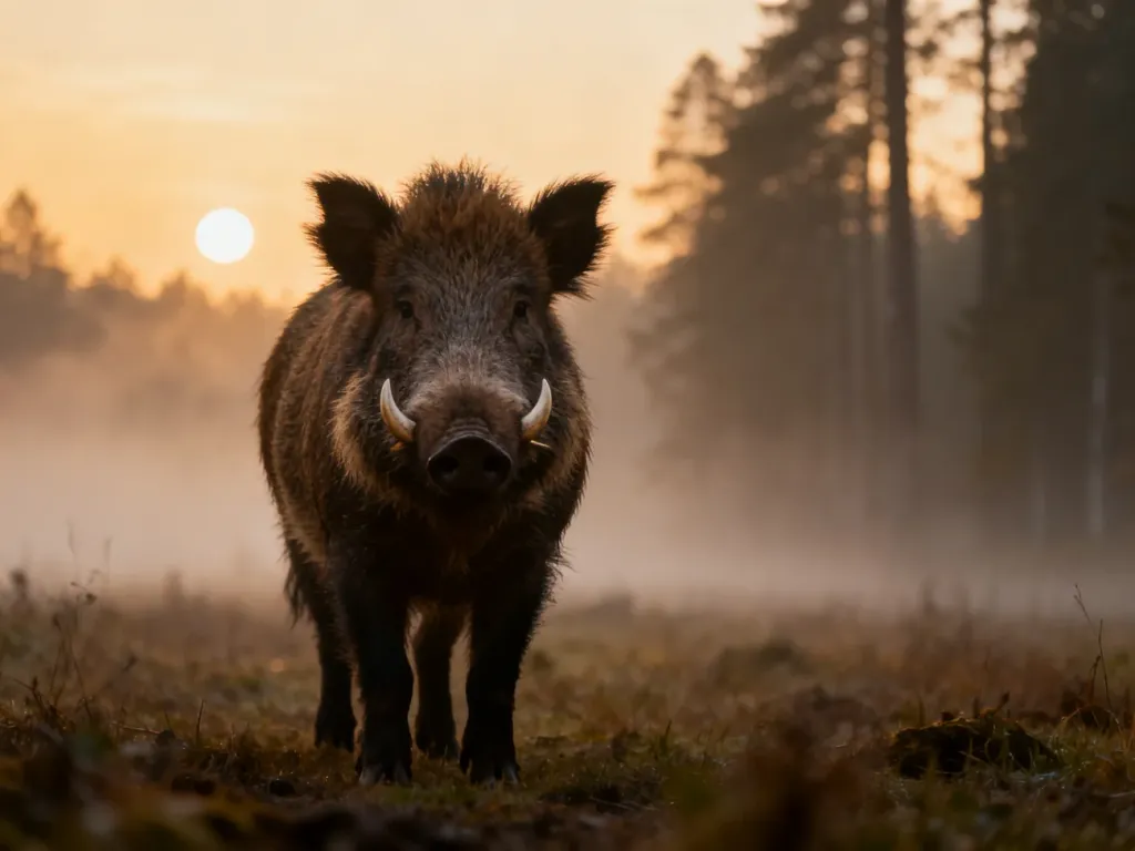 Dzik stojący o świcie na mglistym leśnym polanie, spokojny i tajemniczy, podkreślający senny, oniryczny nastrój snu.