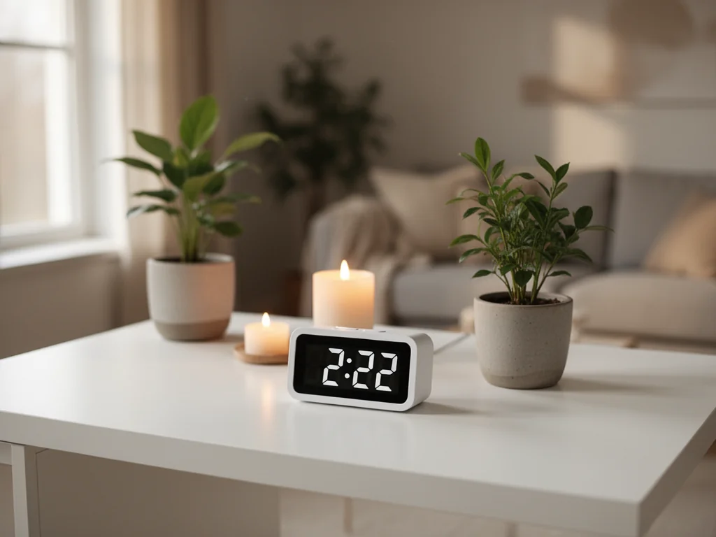 Minimalistyczne biurko z zegarem pokazującym 2:22, świecą i rośliną, podkreślające duchowe znaczenie liczby anielskiej 222.