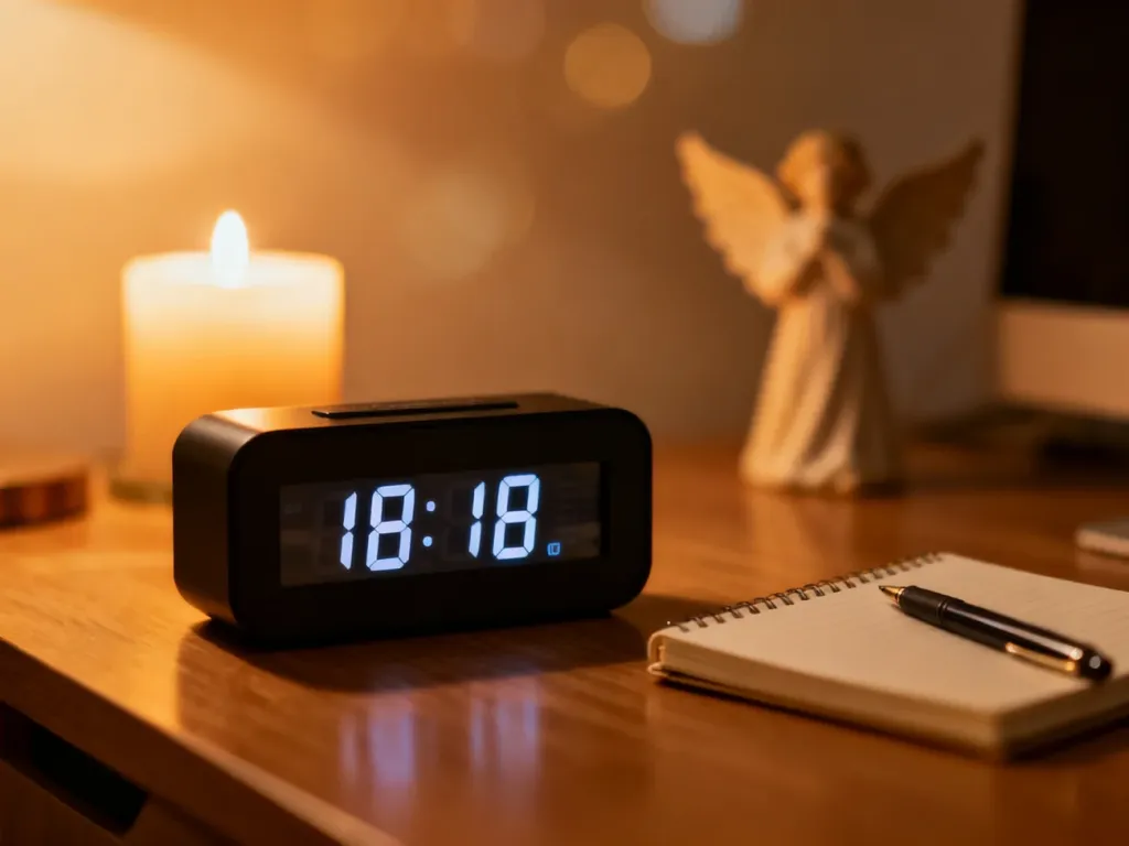 Zegar cyfrowy pokazujący godzinę 18:18 na biurku, obok notesu, świecy i figurki anioła w przytulnej, wieczornej atmosferze.