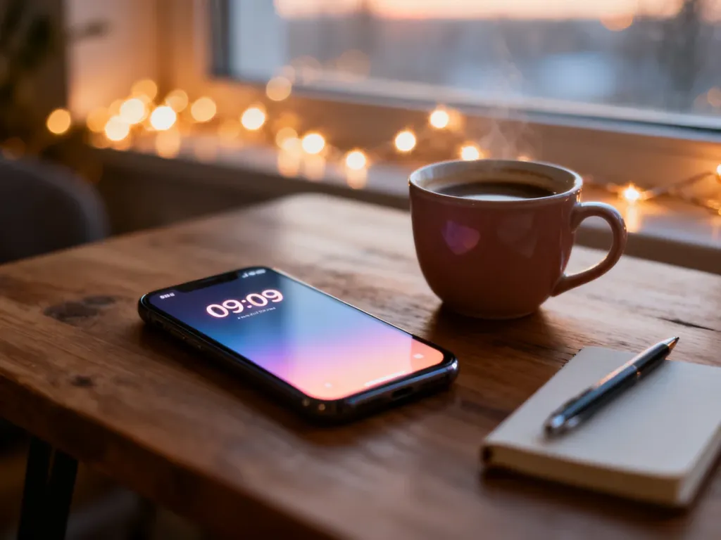 Smartfon pokazujący godzinę 09:09 na stole z kawą i notesem, w ciepłej, romantycznej, porannej atmosferze.