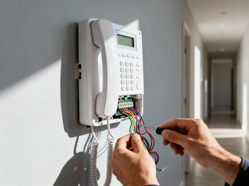 Dłonie elektryka podłączające kolorowe przewody do nowoczesnego domofonu zamontowanego na ścianie.