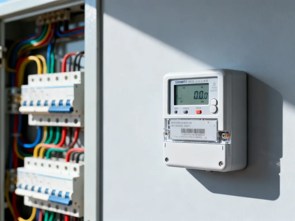 Nowoczesny licznik energii elektrycznej z czytelnym wyświetlaczem oraz rozdzielnica z bezpiecznikami na jasnej ścianie.