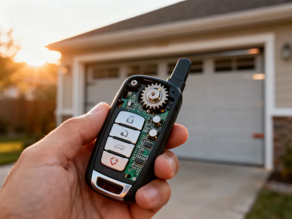 Dłoń trzymająca nowoczesny pilot do bramy garażowej z widocznymi przyciskami i elementami układu elektronicznego.