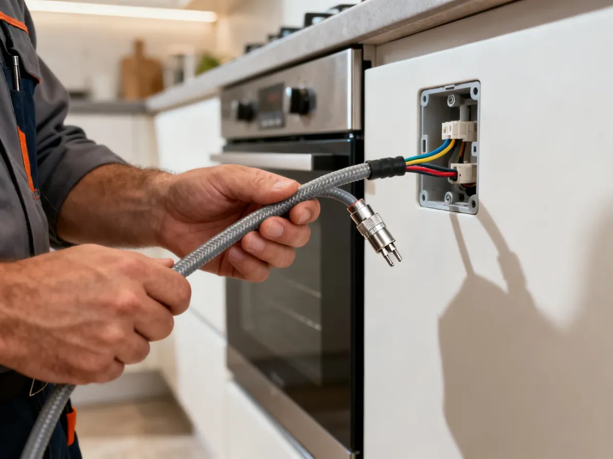 Elektryk podłącza giętki przewód OWY do puszki przyłączeniowej kuchenki