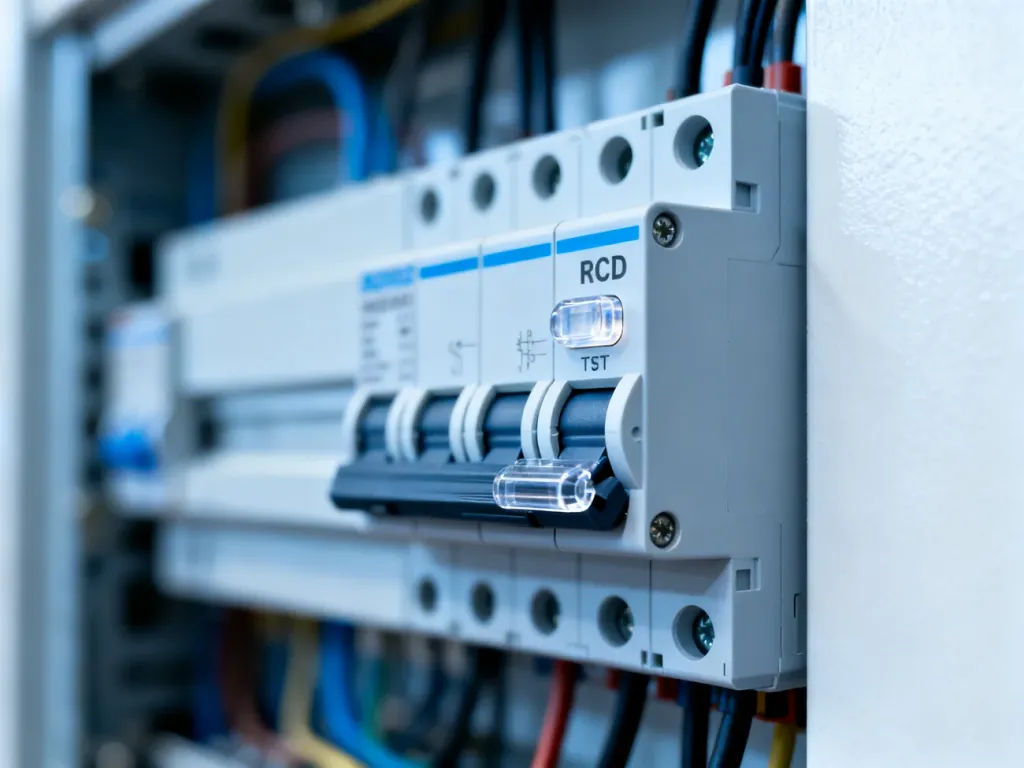 Nowoczesny wyłącznik różnicowoprądowy zamontowany w rozdzielnicy elektrycznej, zapewniający ochronę instalacji.