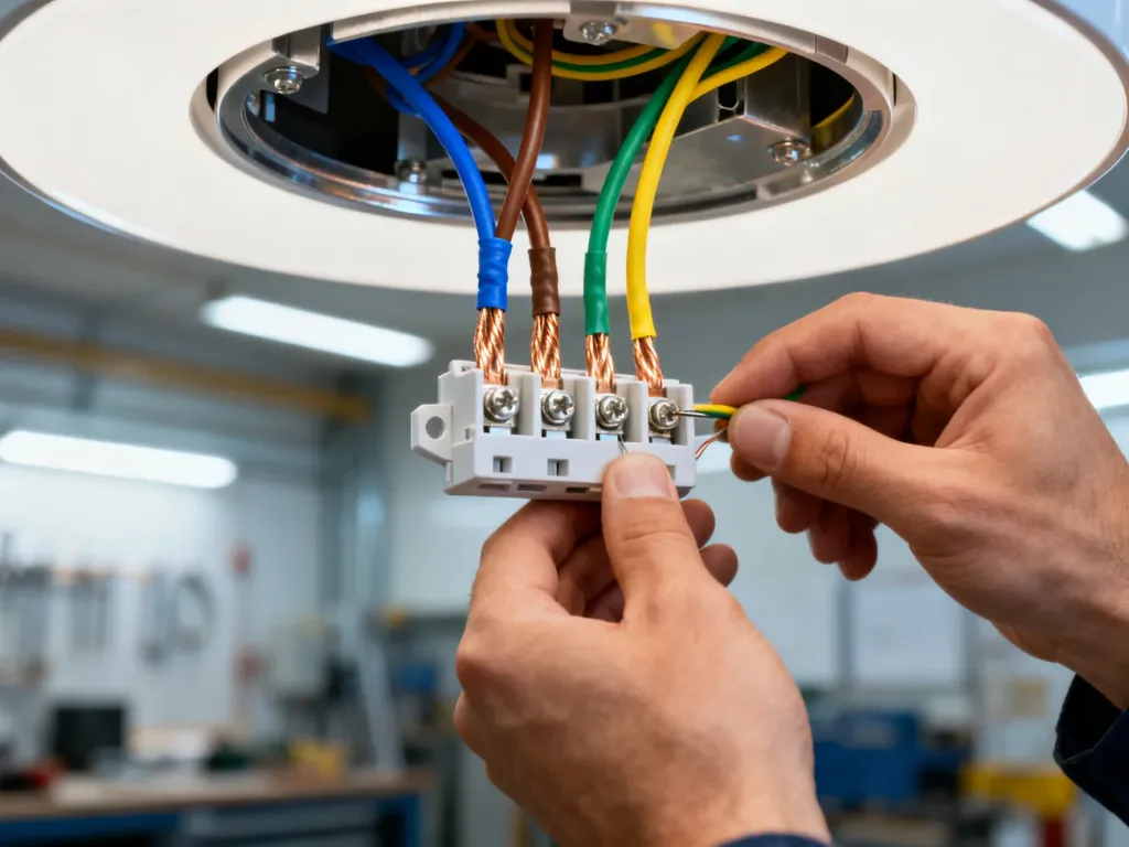 Dłonie elektryka podłączające kolorowe przewody w kostce przyłączeniowej nowoczesnej lampy sufitowej.