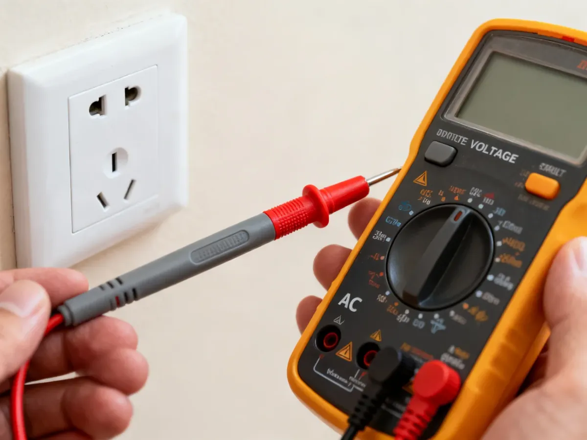 Insulated multimeter probes measuring voltage at a wall outlet