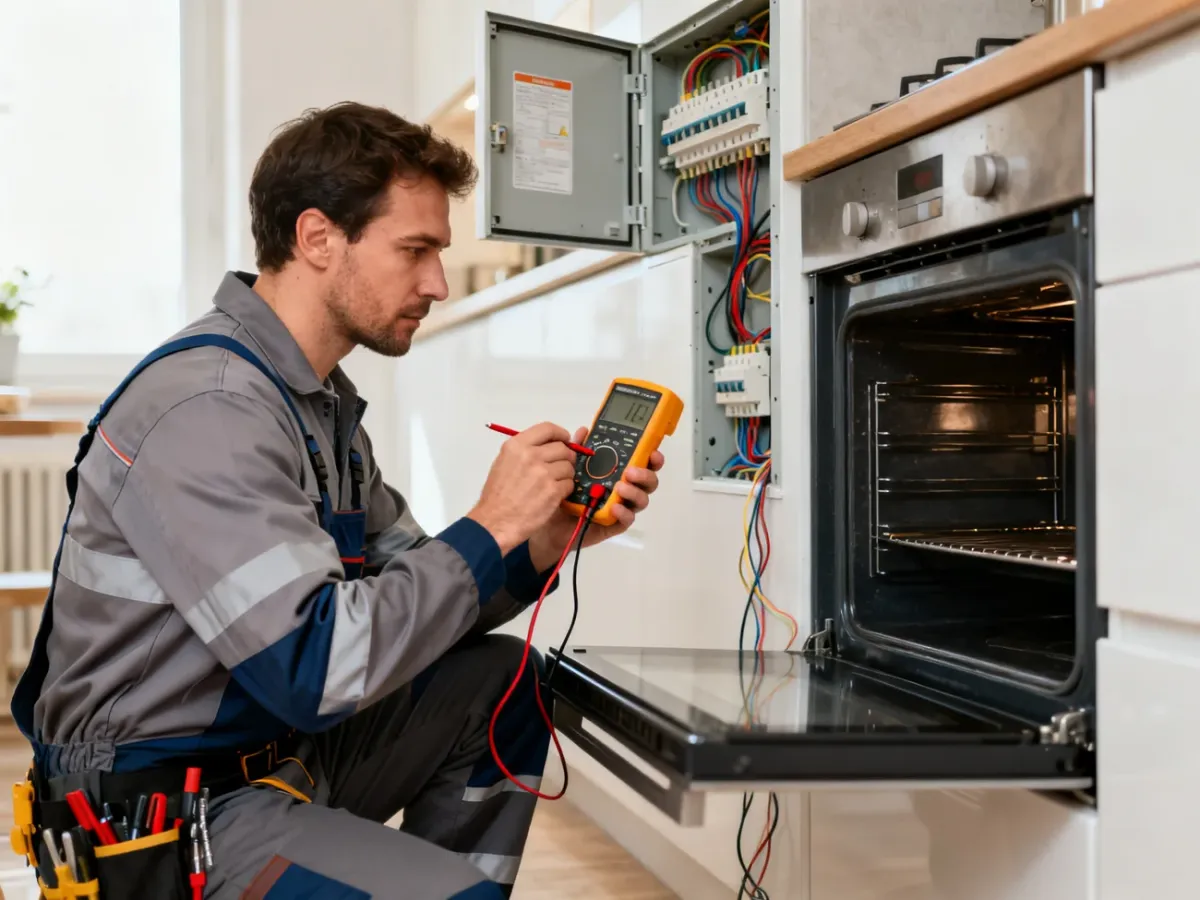 Elektryk sprawdzający instalację zasilającą piekarnik