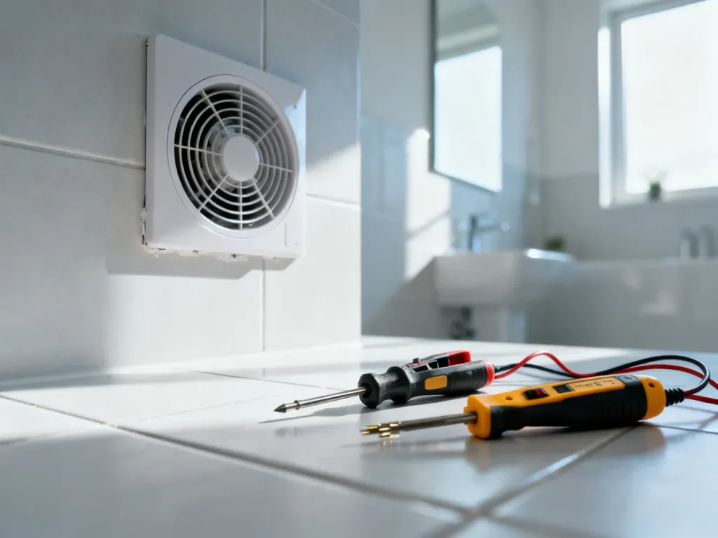 Zainstalowany wentylator łazienkowy oraz zestaw narzędzi elektrycznych przygotowanych do montażu na tle jasnej łazienki.