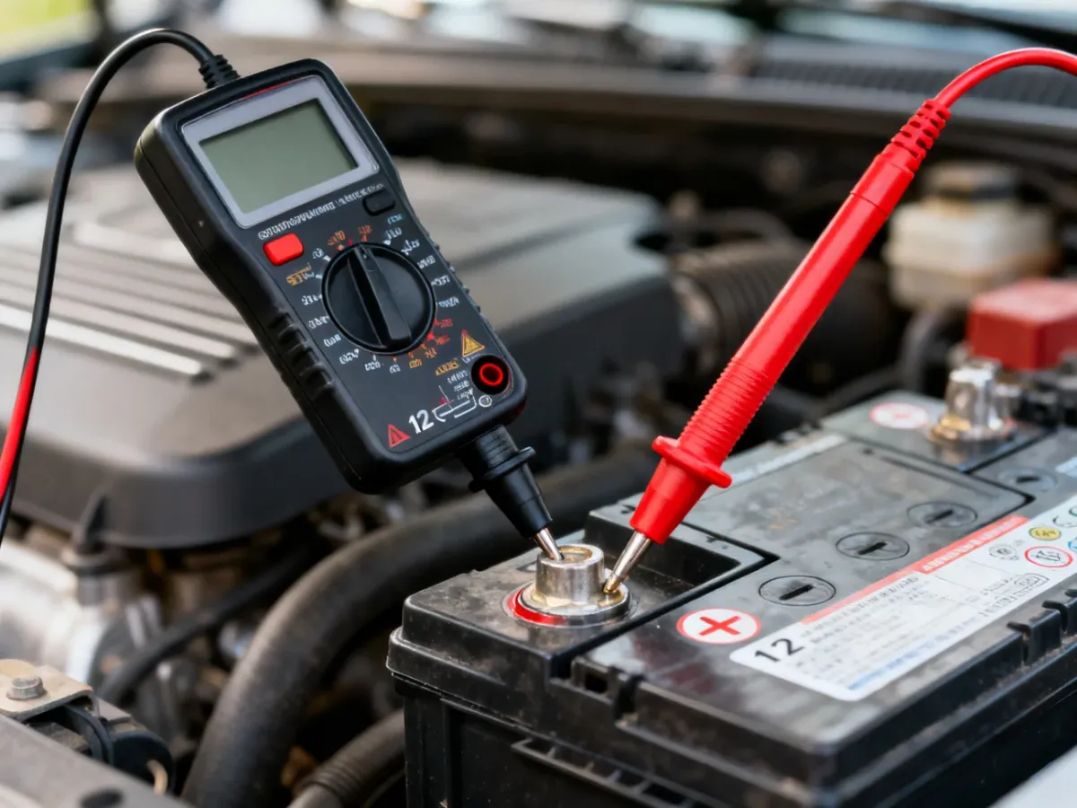 Multimeter probes measuring voltage across a car battery