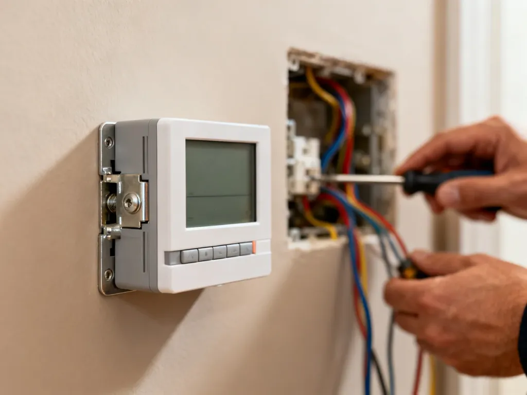 Nowoczesny termostat cyfrowy zamontowany na ścianie podczas prac instalacyjnych wykonywanych przez elektryka.