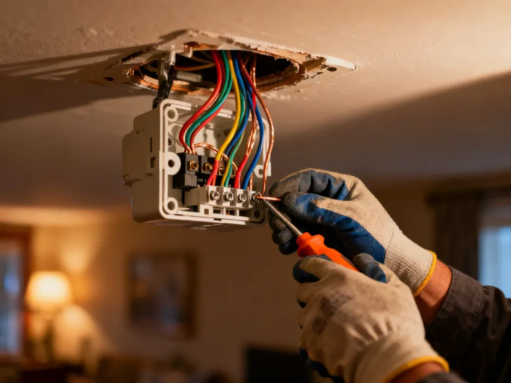 Dłonie w rękawicach ochronnych łączą kolorowe przewody elektryczne w puszce sufitowej za pomocą śrubokręta.