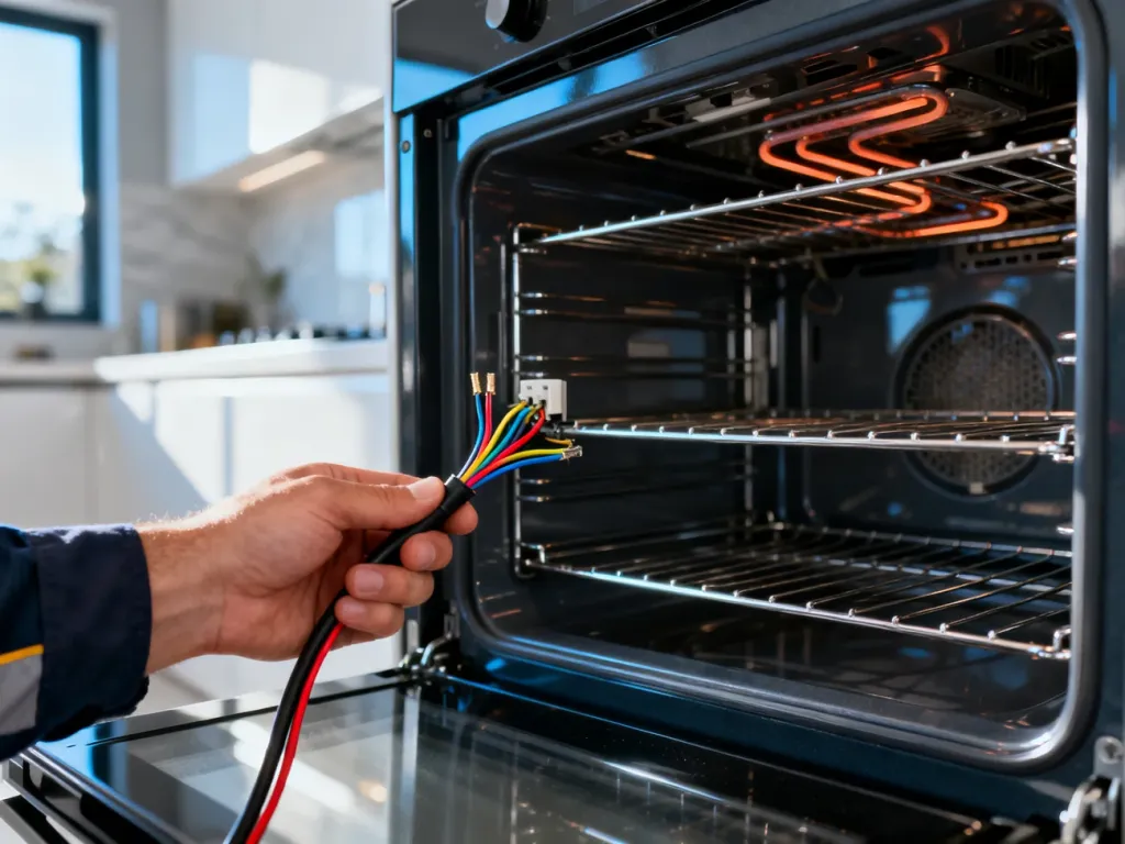 Dłoń elektryka trzymająca przewody zasilające przed otwartym piekarnikiem, gotowa do wykonania bezpiecznego podłączenia.