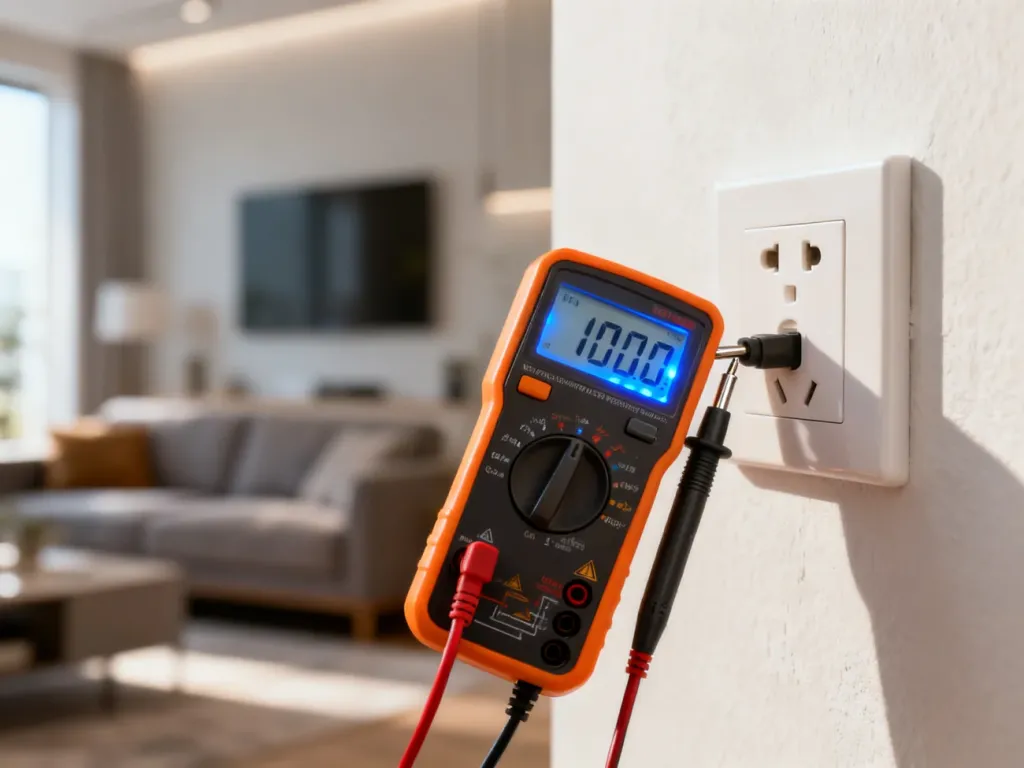 Cyfrowy multimetr z sondami włożonymi do gniazdka elektrycznego, wskazujący odczyt napięcia na wyświetlaczu.