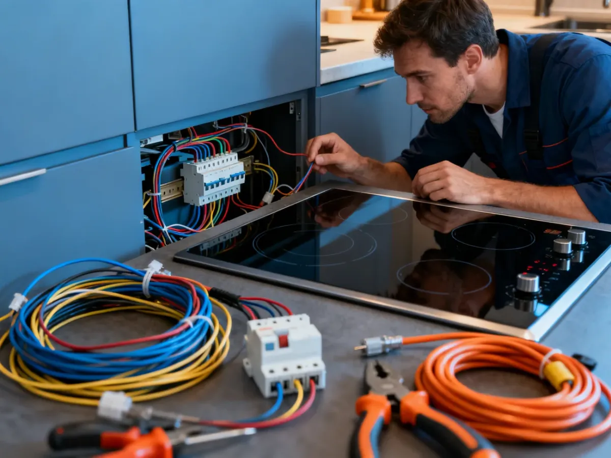 Elektryk sprawdza przewody i zabezpieczenia instalacji płyty indukcyjnej