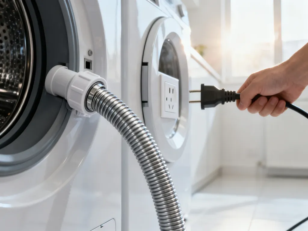 Podłączanie węża doprowadzającego wodę oraz wtyczki pralki do gniazdka elektrycznego w jasnej pralni.