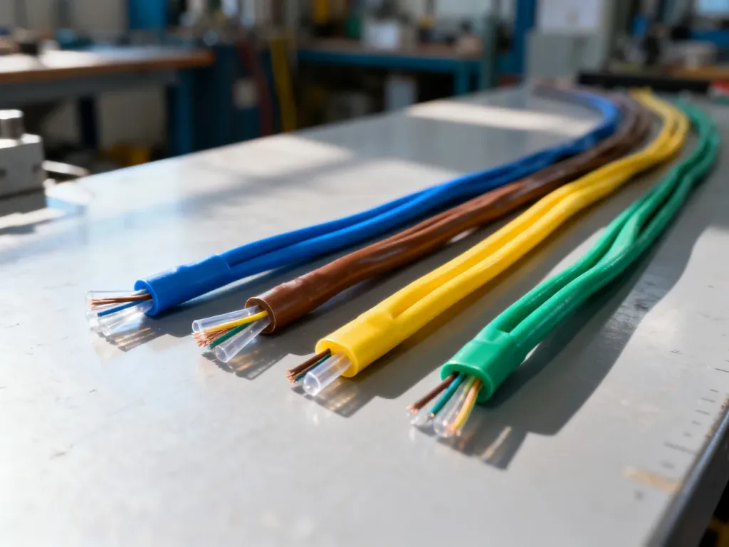 Kolorowe przewody elektryczne ułożone na warsztatowym stole, ilustrujące standardy oznaczeń instalacji.