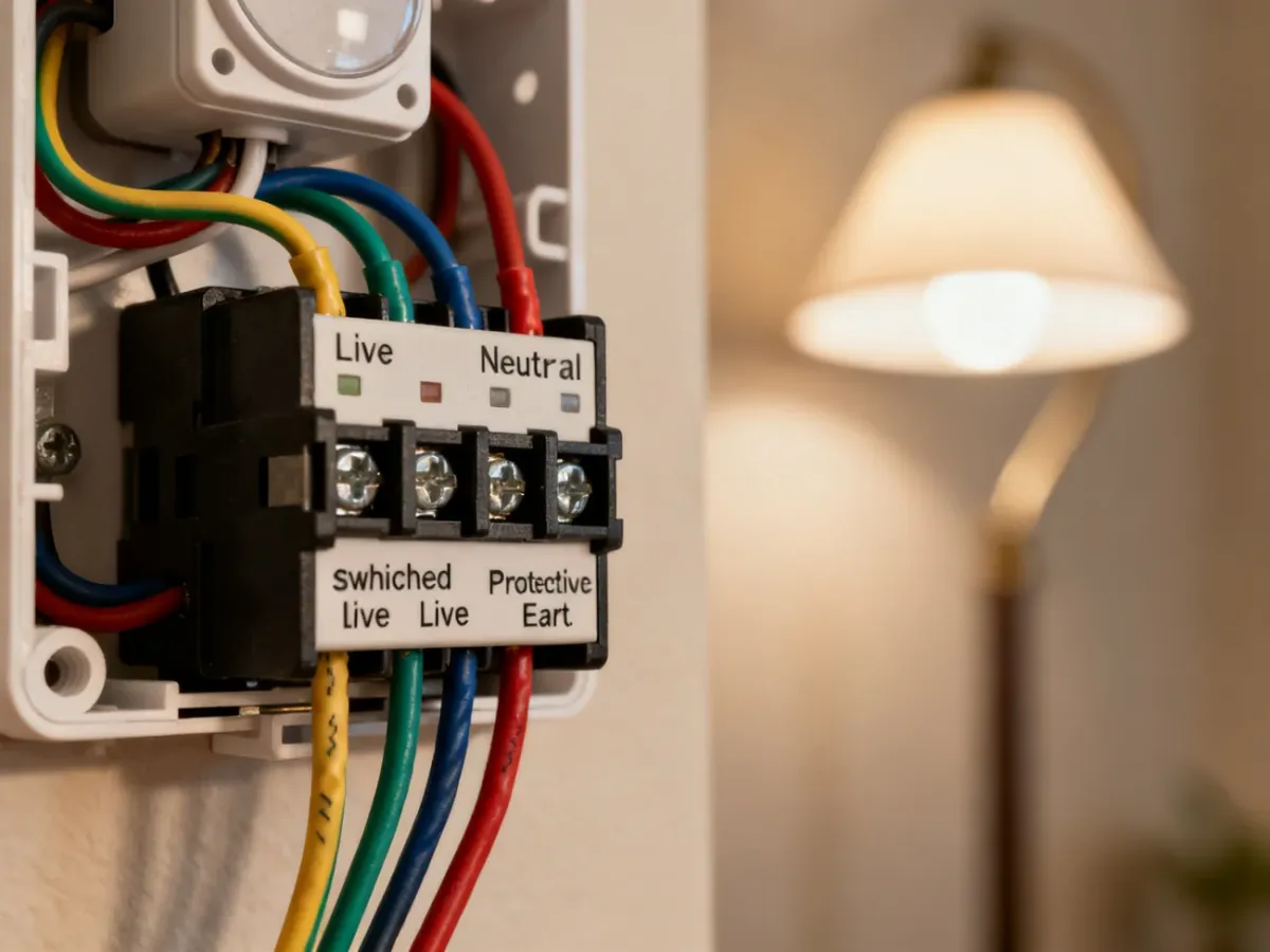 Przewody instalacji elektrycznej prowadzone do zacisków czujnika ruchu i lampy