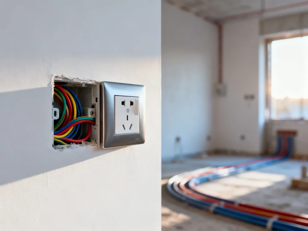 Nowoczesne gniazdko elektryczne na białej ścianie oraz rozdzielnica z uporządkowanym okablowaniem w tle.