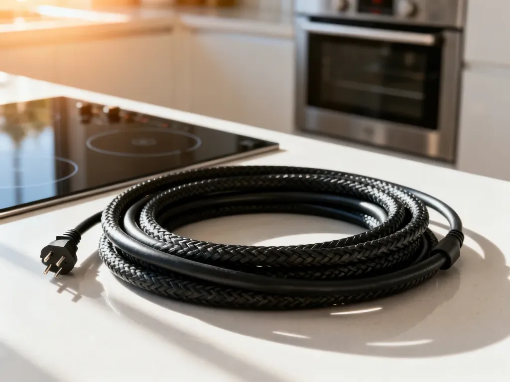 Czarny, gruby kabel zasilający zwinięty na kuchennym blacie obok nowoczesnej płyty indukcyjnej i piekarnika.