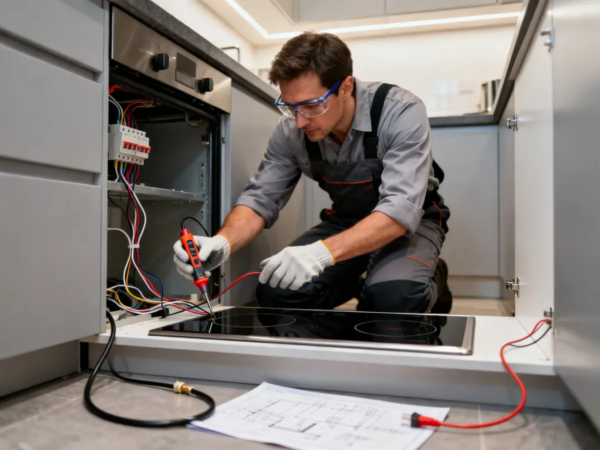 Elektryk wykonujący bezpieczne podłączenie przewodów płyty indukcyjnej