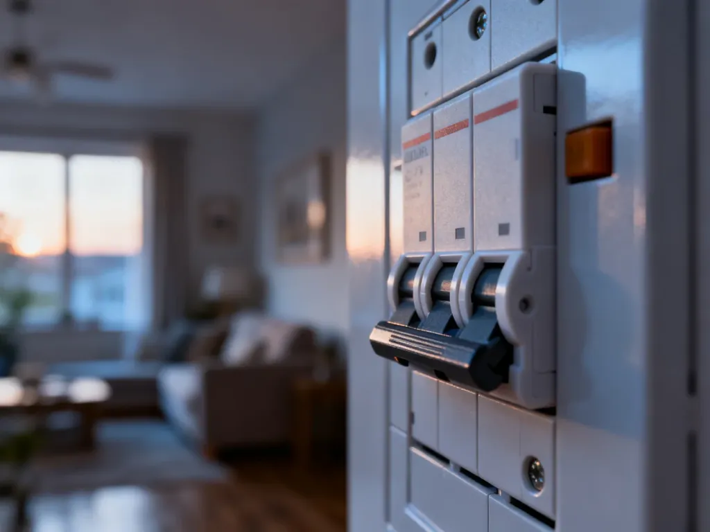 Nowoczesna rozdzielnica elektryczna z widocznym wyłącznikiem nadprądowym, gotowa do montażu w instalacji domowej.