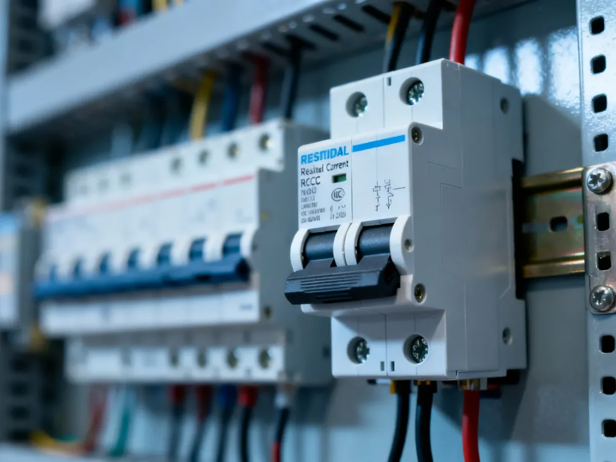 Nowoczesny wyłącznik różnicowoprądowy zamontowany na szynie DIN w rozdzielnicy elektrycznej.