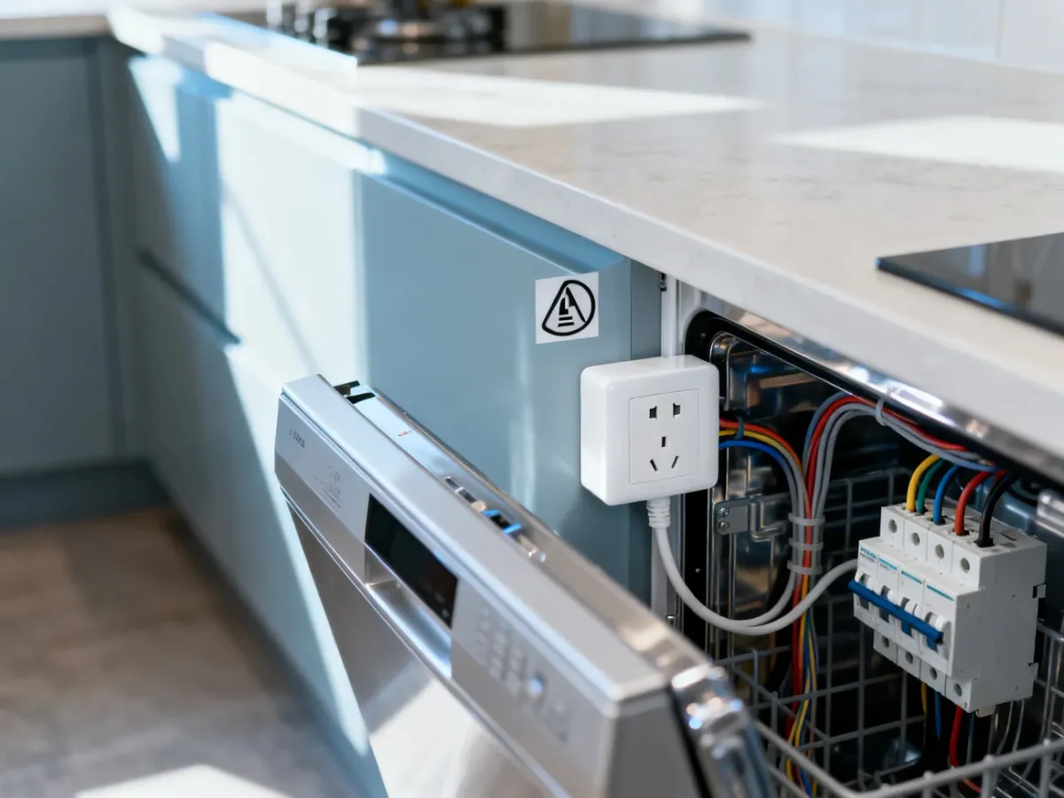 Nowoczesne gniazdko elektryczne z dedykowanym obwodem przygotowane do podłączenia zmywarki w kuchni.