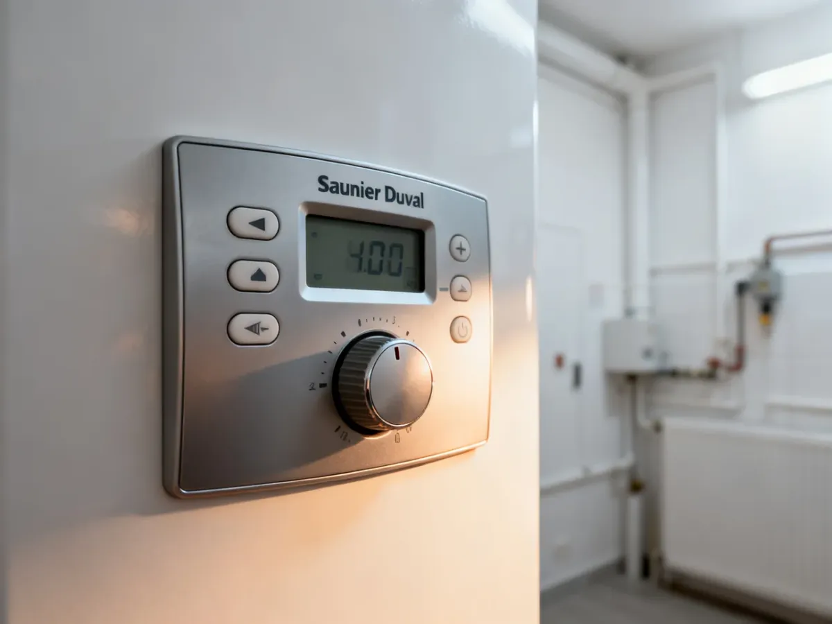 Panel sterowania kotła gazowego Saunier Duval z cyfrowym wyświetlaczem i pokrętłem do regulacji temperatury.