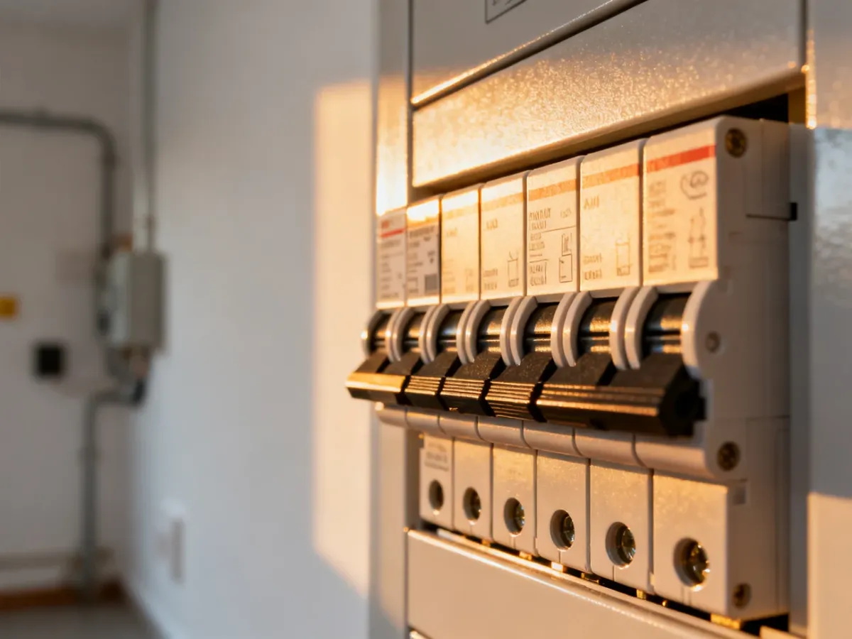 Nowoczesna rozdzielnica elektryczna z rzędem bezpieczników instalacyjnych w domowej instalacji elektrycznej.