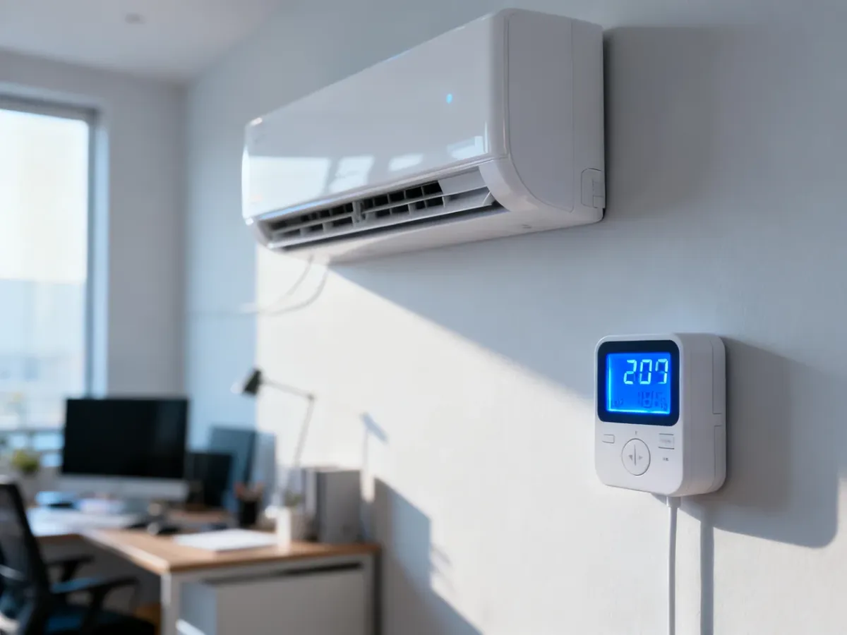 Nowoczesny klimatyzator ścienny z miernikiem energii pokazującym aktualne zużycie prądu w jasnym wnętrzu.