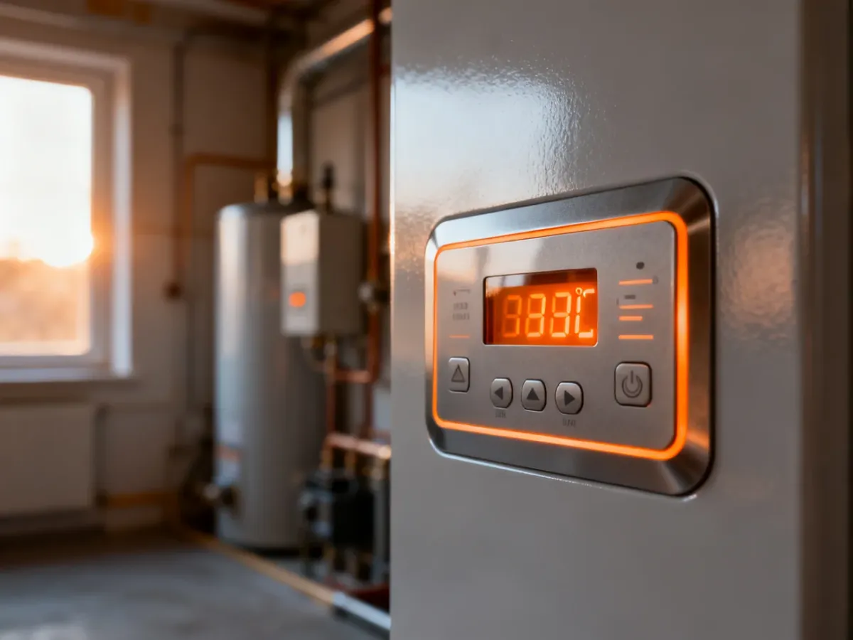 Nowoczesny panel sterowania pieca elektrycznego z cyfrowym wyświetlaczem temperatury w jasnym pomieszczeniu gospodarczym.